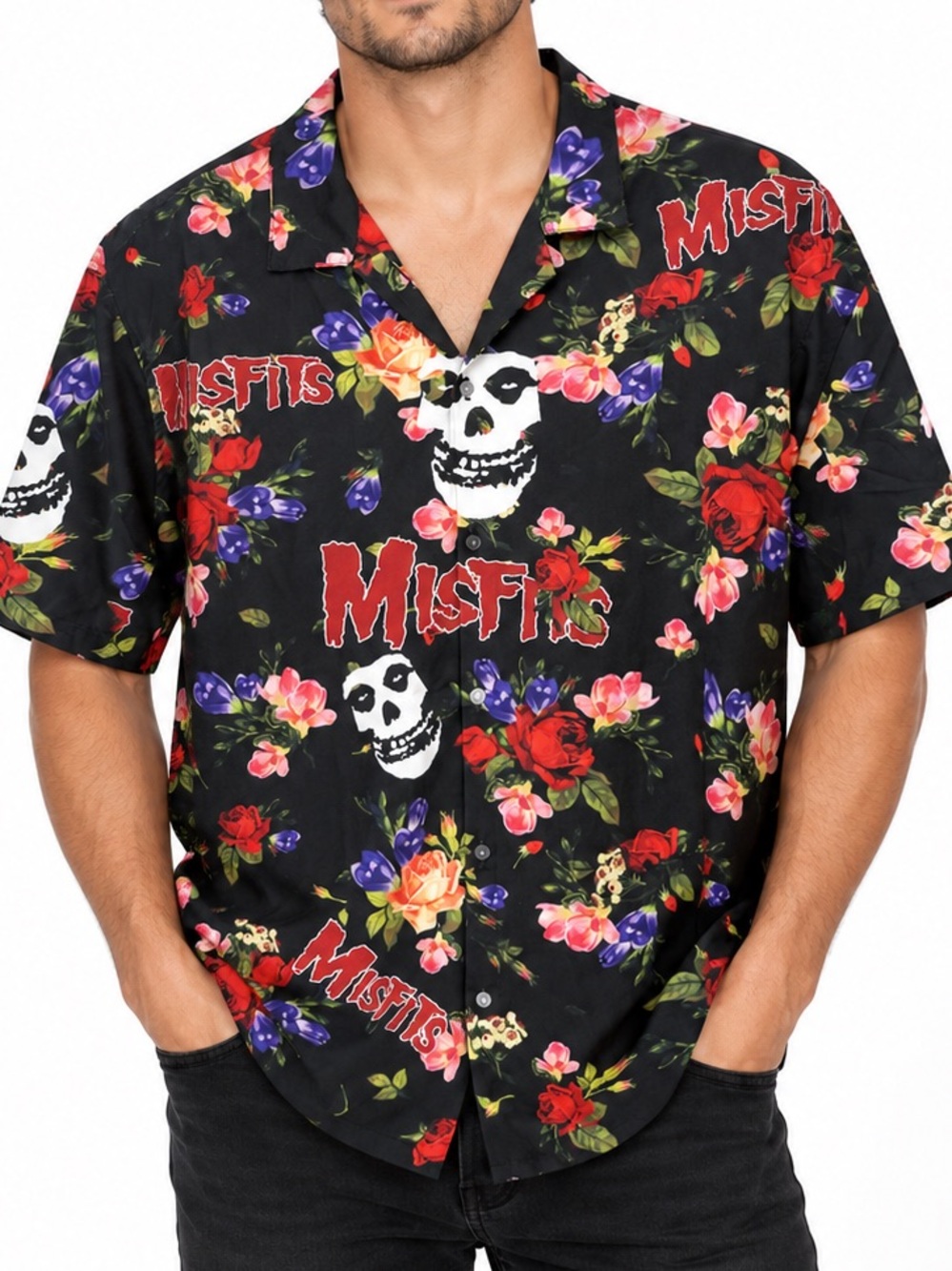 Misfits Floral Skull Button Up Shirt Men’s XL Punk Rock Camp Collar